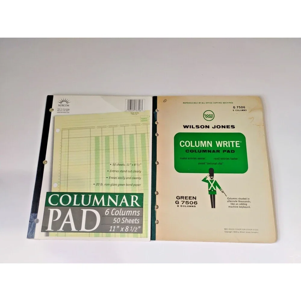 Set of 2 vintage accounting ledgers, both 6-column, 50 pages, green New